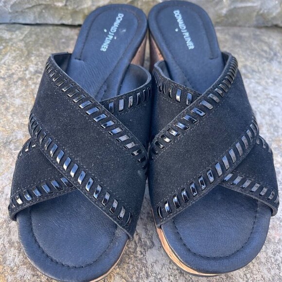 Donald J Pliner Savee Whipstitch Cork Wedge Sandal 9.5M Black Suede Y2K Chunky - Picture 1 of 11